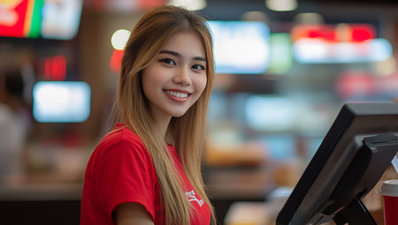 Young woman smiling at workstation in a vibrant environmentの素材