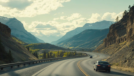Scenic mountain highway with curving road and vehiclesの素材
