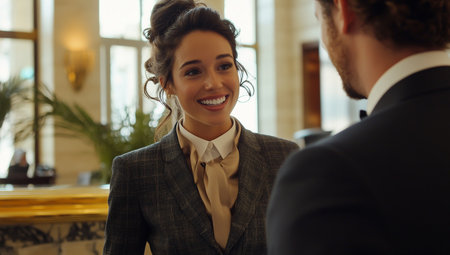 Businesswoman smiling in professional office settingの素材