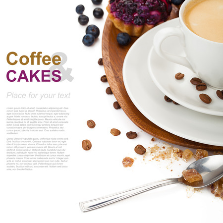 coffee with blueberry cake ob wooden tray, sugar and spoon isolated over whiteの写真素材
