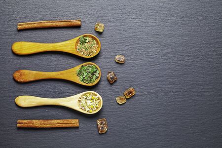 tea accessories composition on rustic backgroundの写真素材
