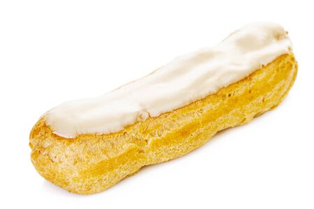 Tasty eclair with lemon cream isolated on white background