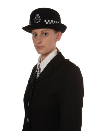 Uniformed UK female police officer isolated on white