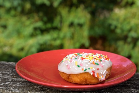 Single white frosted donut with colorful sprinkles on a red plate sitting on a deck railingの写真素材