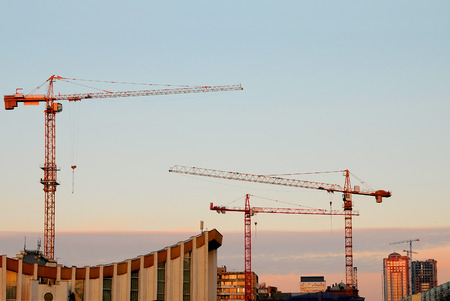 Construction cranes at sunset.の写真素材