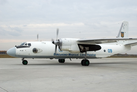 Aircraft Antonov An-26 Ukrainian Navy was taxiing to the runway.のeditorial素材