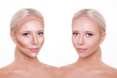Divided woman face before and after blending Contour and Highlight makeup. Professional Contouring face make-up applying sample.の写真素材