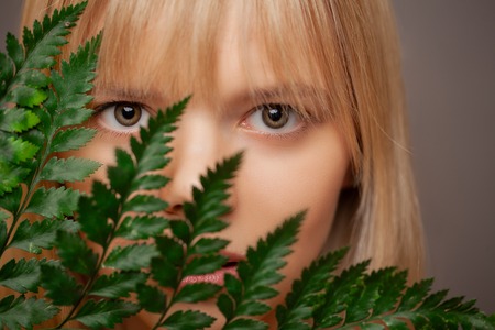 close up view of beautiful woman, branch of a fern covers the face. Eye care, contact lenses and beauty. Grey backgroundの写真素材