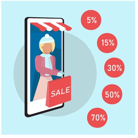 Vector illustration of shopping online and sale. Woman in cellphone holding shopping bag, near discount sign. Winterのイラスト素材