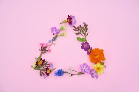 Summer garden flowers frame on the pink background. Copyspaceの写真素材