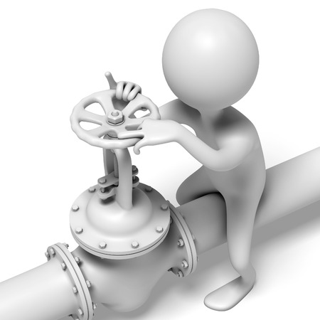 Cartoon character sits on the pipe and closes or opens the valveの写真素材