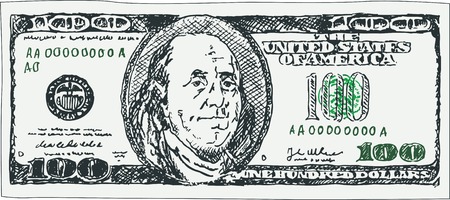 Image of banknote of one hundred dollars depicted in the freehand style. Vector illustrationのイラスト素材