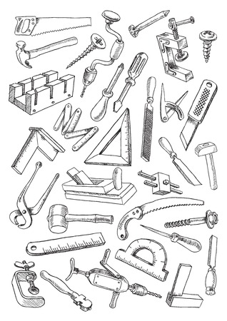 Set of tools for carpentry work. Images in the freehand drawing style. Vector illustration on the white backgroundのイラスト素材