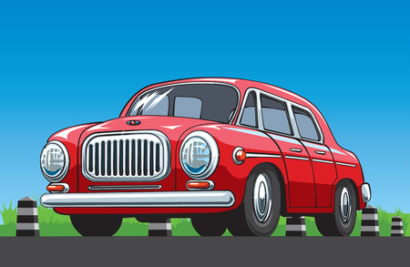 Red vintage car on the blue sky background. Vector illustrationのイラスト素材