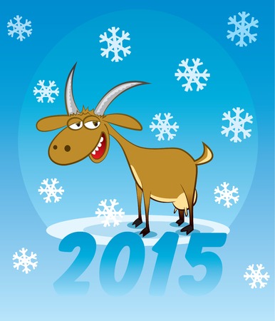 The Goat as symbol of year 2015 on the blue sky background and falling snowflakes. Vector illustration in the cartoon styleのイラスト素材