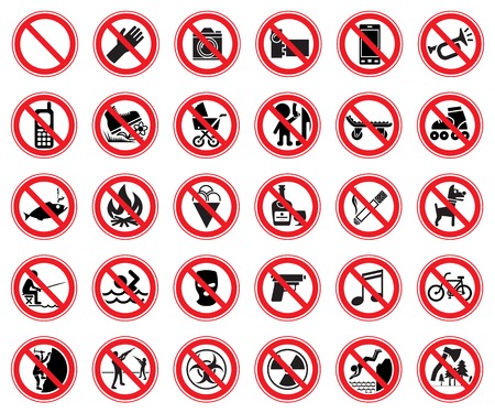 Set of thirty prohibiting signs for use in supermarkets, natural reserves, etc. Vector Illustrationのイラスト素材