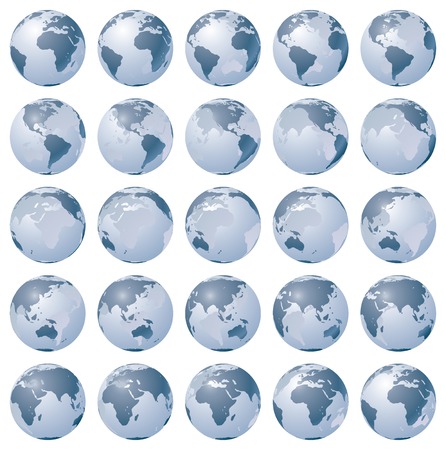 Stylized images of different rotation phases of globe. Vector illustration isolated on white backgroundのイラスト素材