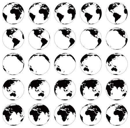 Stylized images of different rotation phases of globe. Vector illustration isolated on white backgroundのイラスト素材