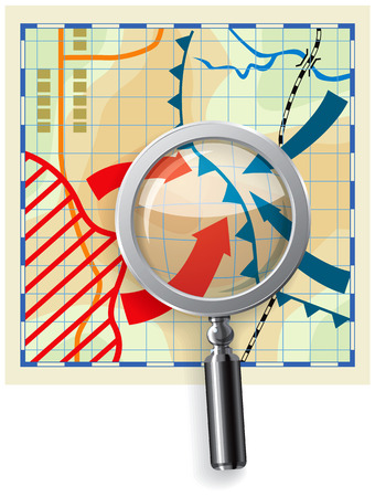Magnifier on the background of a stylized map of hostilities. Vector illustrationのイラスト素材