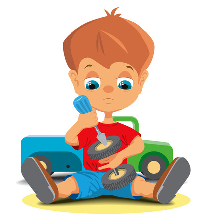 A little boy repairing toy car.のイラスト素材