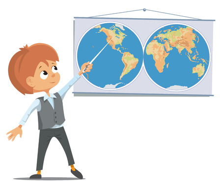 The pupil at the school in the classroom stands near the world map. のイラスト素材