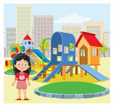 A girl on a childrens playground against the backdrop of an urban landscape.のイラスト素材