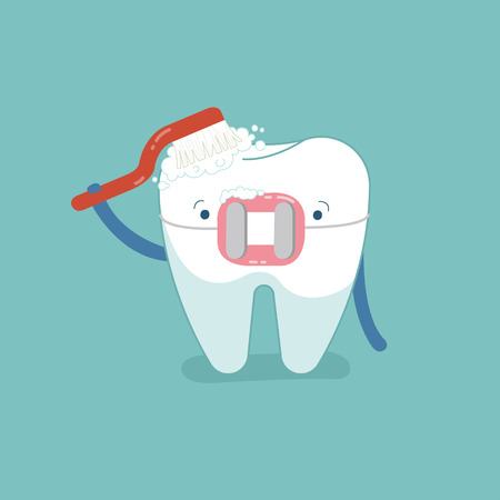 Brace tooth brushing with toothbrush, dental cartoon design.のイラスト素材