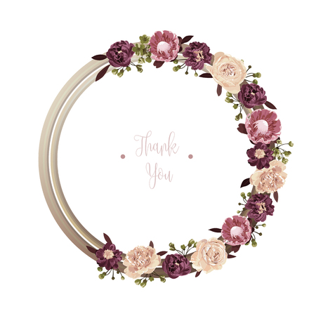 Red luxury floral greeting card with white, green and purple flowers on white backgroud and wooden circle frame.のイラスト素材