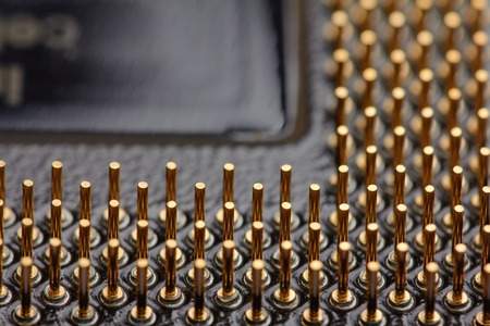 The micro elements of computer central processor unit, CPU contact pins close up.の写真素材