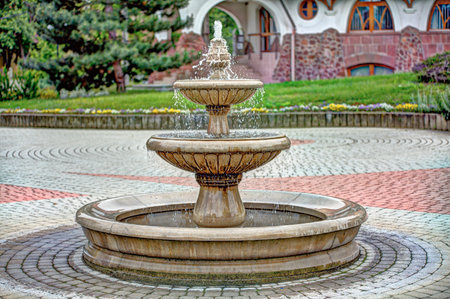 Fountain in front of the city hall in Balatonlelle, Somogy megye, Hungaryの写真素材