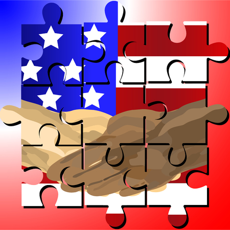 Vector designed jigsaw shows  black and white human shake-hand with USA national flag background on Martin Luther King Jr Day (MLK day). It means friendship and stop racism.のイラスト素材