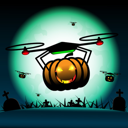 Vector pumpkin halloween drones fly on halloween. Full-moon above graves at midnight background.のイラスト素材