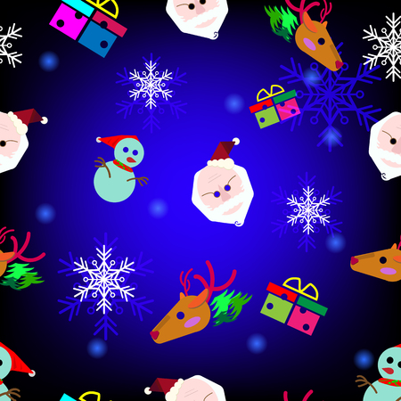 Santa , raindeer , snow man , gift in the darkblue background as the symbols of chrismas celebration in seamless styledのイラスト素材