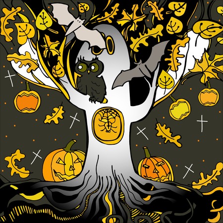 Funny cartoon illustration with cute ghosts, bats and pumpkinsのイラスト素材