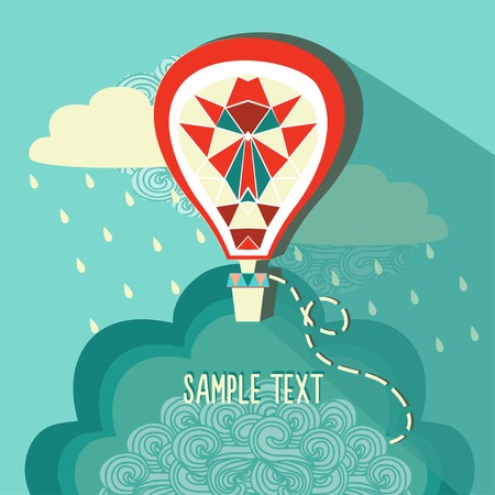 Cute air balloon in the sky. Vector, illustration, background, greeting card, poster templateのイラスト素材