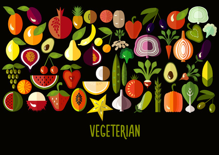 Vegetables and fruit icons: vector set of flat colorful food signs. Vegetarian setのイラスト素材