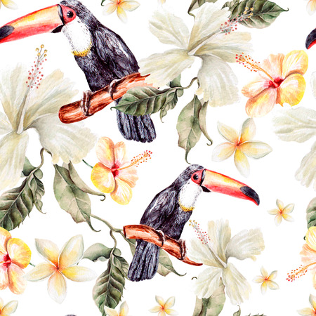 Watercolor pattern with tropical flowers and bird toucan. Illustrationの写真素材