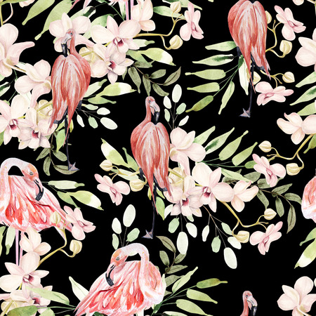 Bright colorful watercolor pattern with leaves, flowers and flamingo bird. Illustrationの写真素材