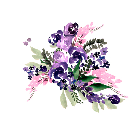 Beautiful watercolor wedding bouquet with purple flowers. Illustrationの写真素材