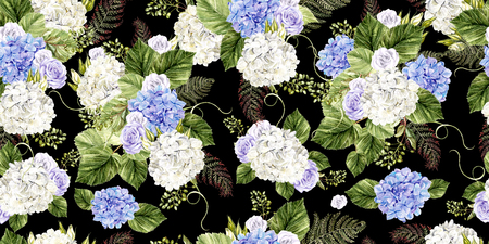 Beautiful  watercolor pattern with roses and hudrangea flowers. Illustrationの写真素材