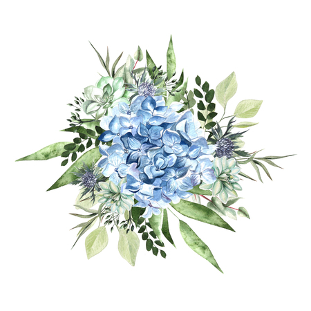 Watercolor bouquet with hydrangea flowers,  succulent plants and leaves. Illustrationの写真素材