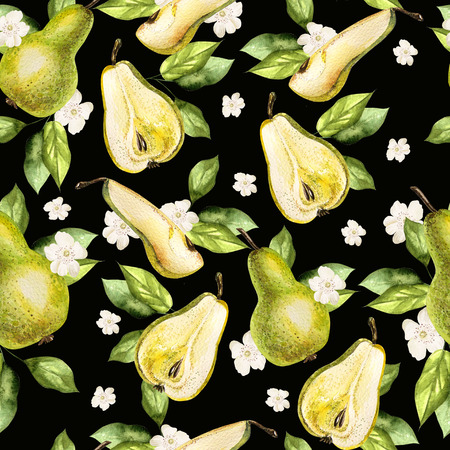 Watercolor Pattern with pears and flowers. Illustration.