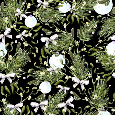 Watercolor Christmas pattern with trees and mistletoe. Illustrationの写真素材