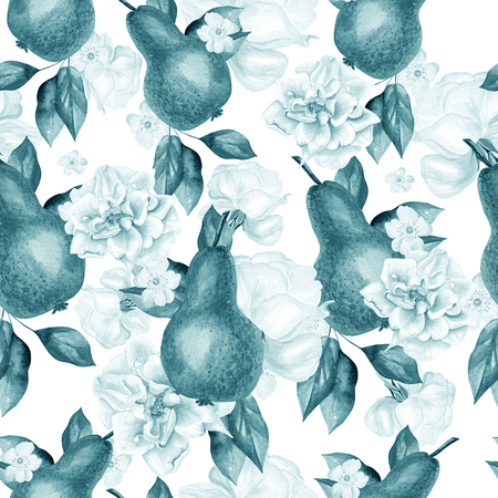 Beautiful watercolor pattern with pears and flowers of roses and peonies. Illustrationの写真素材