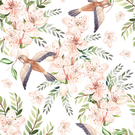 Watercolor pattern with spring flowers, eucalyptus leaves and birds . Illustrationの写真素材