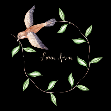 Beautiful Watercolor wreath with spring flowers, leaves and bird. Illustrationの写真素材