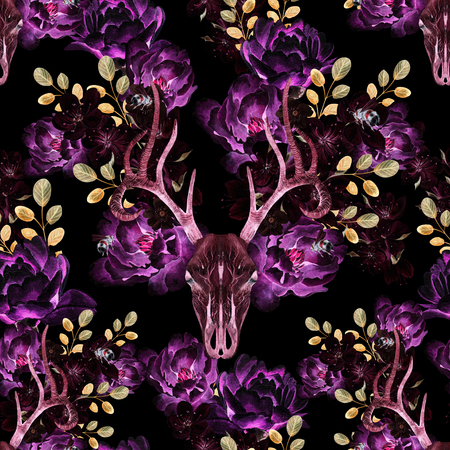 Beautiful watercolor pattern with  deer skull, with peony flowers. Illustrationの写真素材