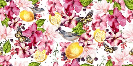 Seamless background with watercolors petunia, magnolia and lemon. Berryes, butterfly  and birds....