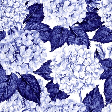 Bright colorful seamless pattern with flowers and leaves of hudrangea. Illustrationの写真素材