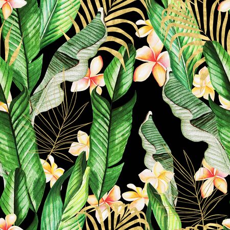 Beautiful watercolor seamless pattern with gold and green tropical leaves and plumeria flowers.  Illustrationの写真素材